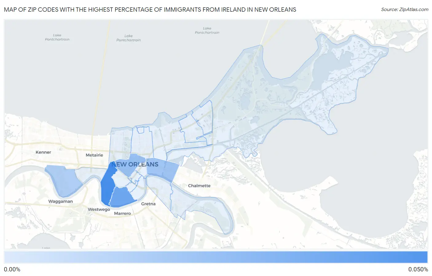 Zip Codes with the Highest Percentage of Immigrants from Ireland in New Orleans Map