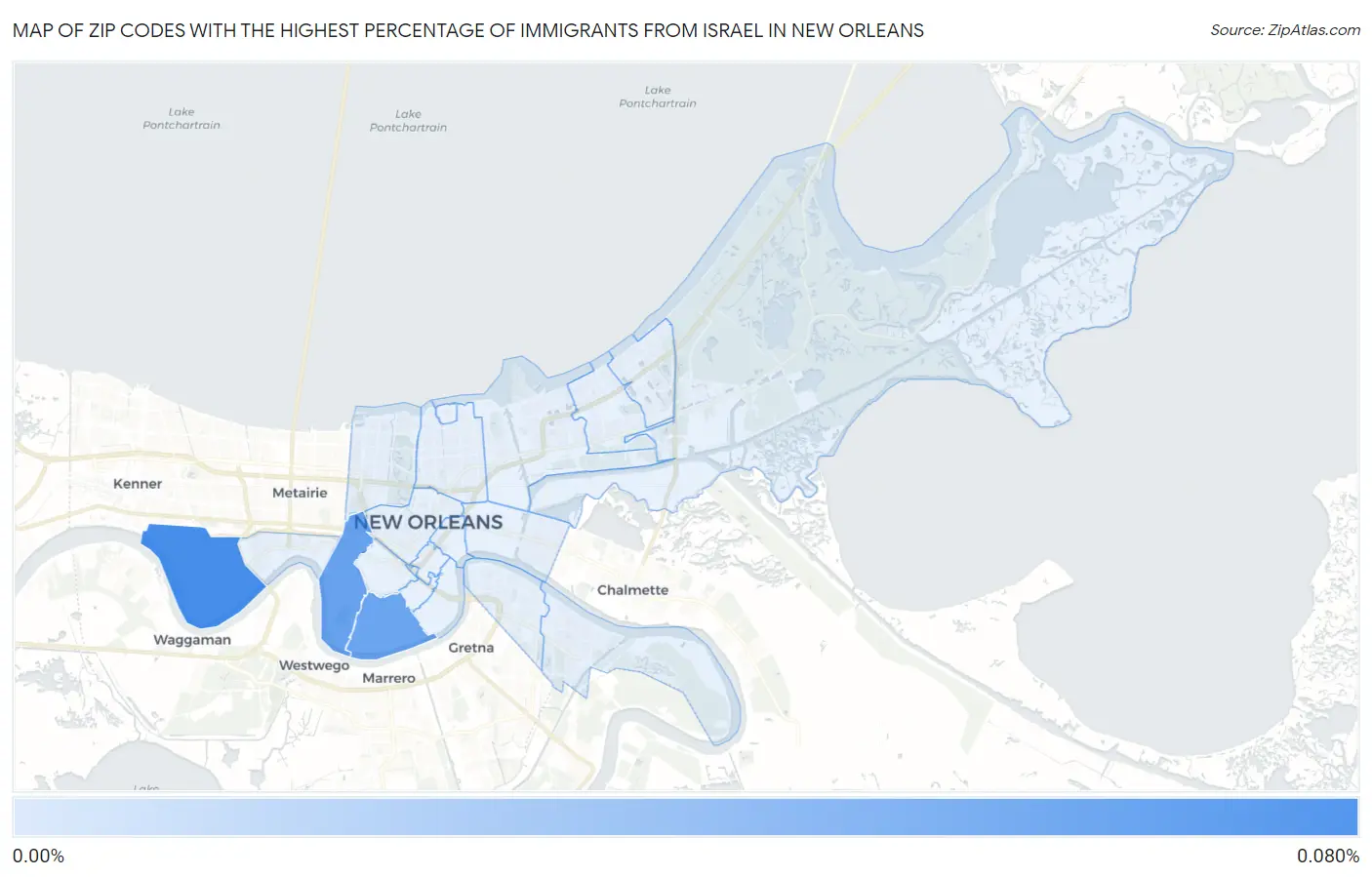 Zip Codes with the Highest Percentage of Immigrants from Israel in New Orleans Map
