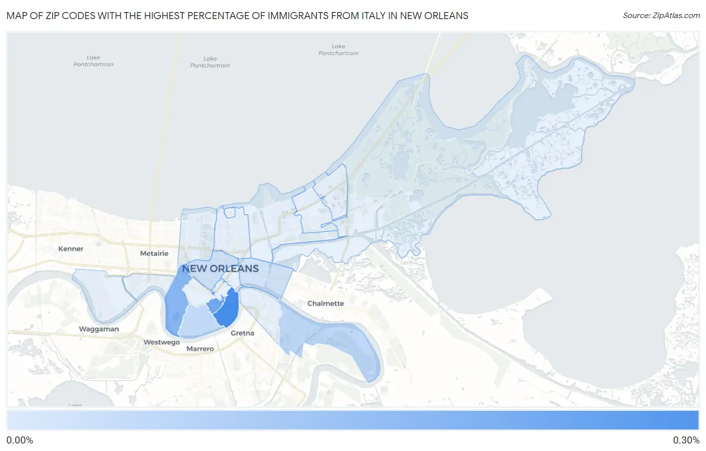 Zip Codes with the Highest Percentage of Immigrants from Italy in New Orleans Map