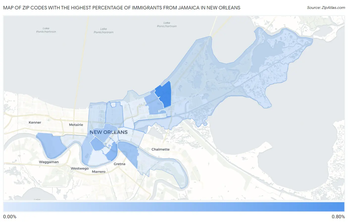Zip Codes with the Highest Percentage of Immigrants from Jamaica in New Orleans Map