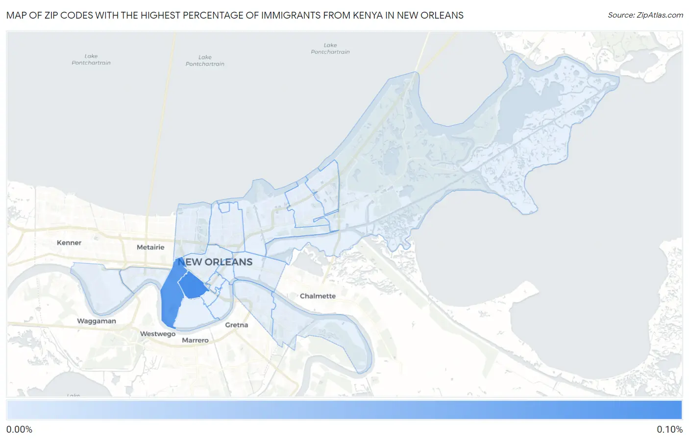 Zip Codes with the Highest Percentage of Immigrants from Kenya in New Orleans Map