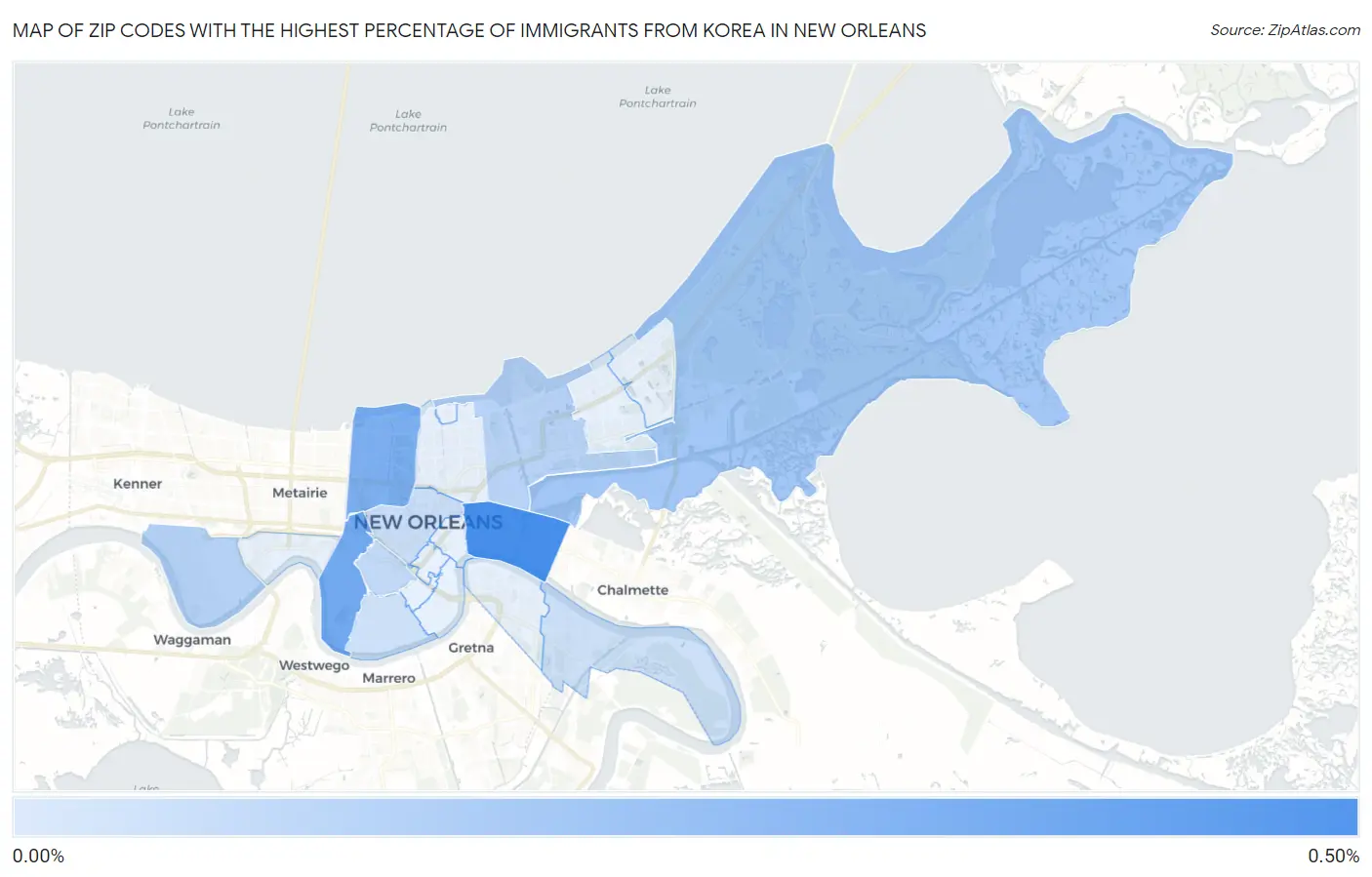 Zip Codes with the Highest Percentage of Immigrants from Korea in New Orleans Map
