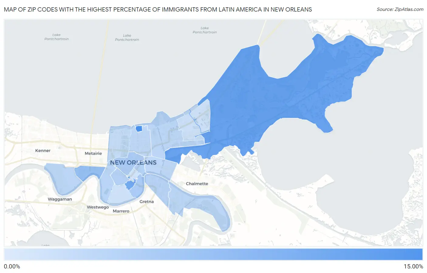 Zip Codes with the Highest Percentage of Immigrants from Latin America in New Orleans Map