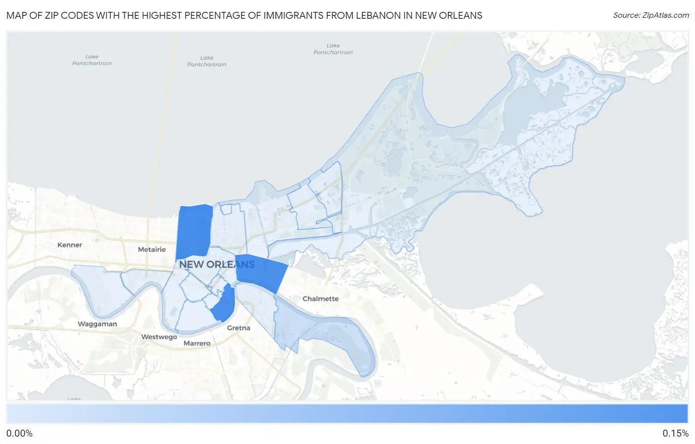 Zip Codes with the Highest Percentage of Immigrants from Lebanon in New Orleans Map