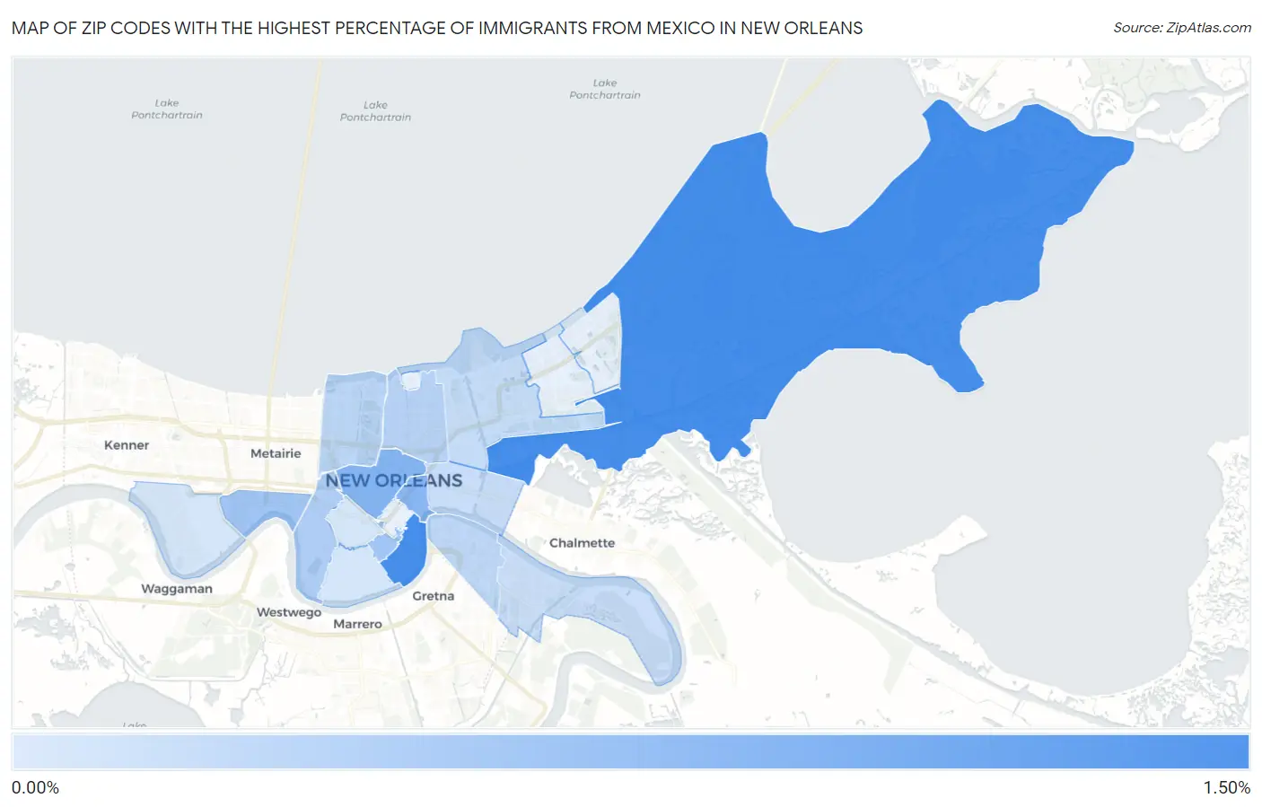 Zip Codes with the Highest Percentage of Immigrants from Mexico in New Orleans Map