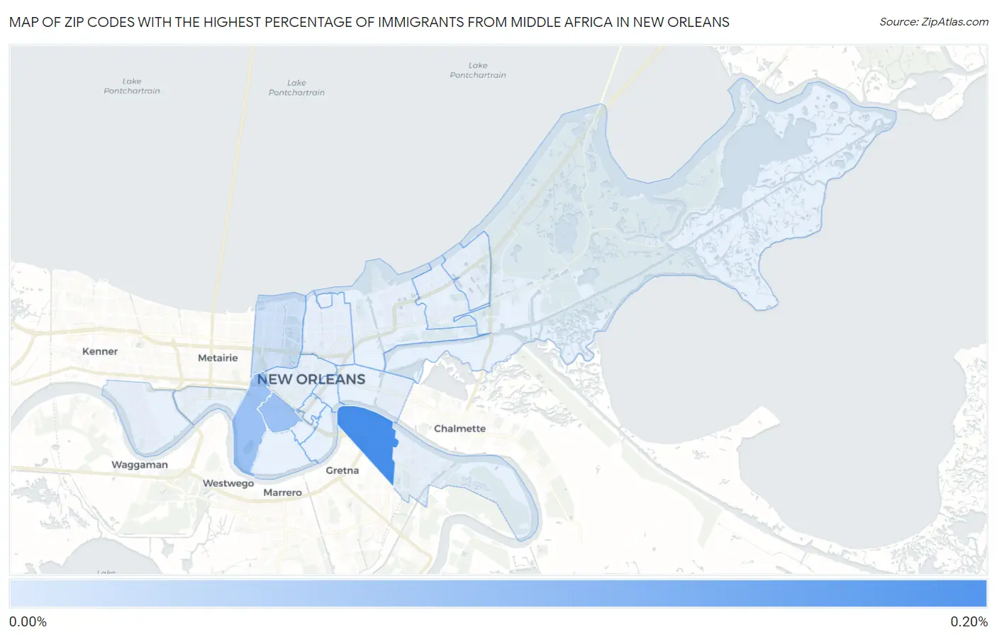 Zip Codes with the Highest Percentage of Immigrants from Middle Africa in New Orleans Map