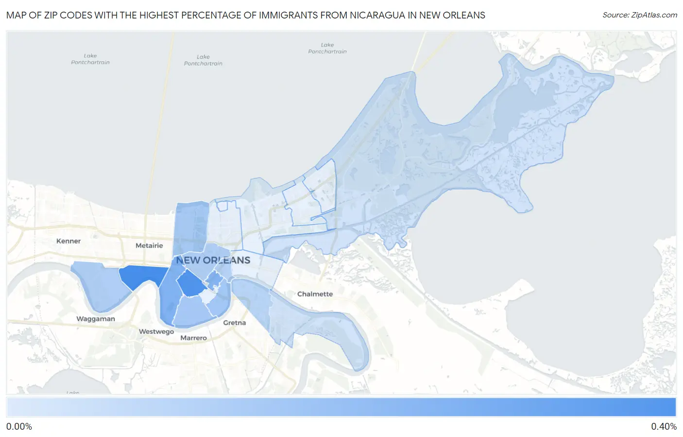 Zip Codes with the Highest Percentage of Immigrants from Nicaragua in New Orleans Map