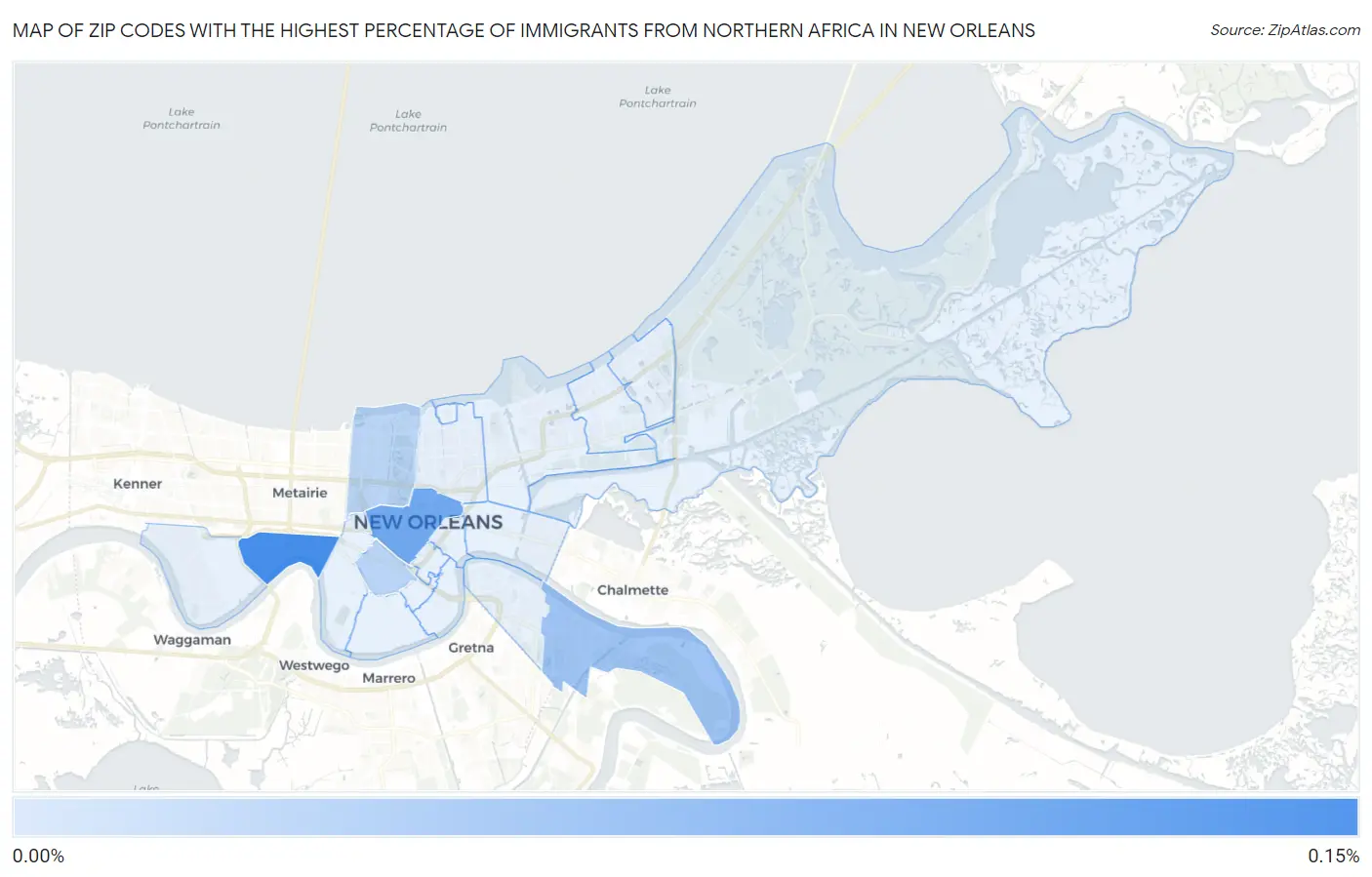 Zip Codes with the Highest Percentage of Immigrants from Northern Africa in New Orleans Map