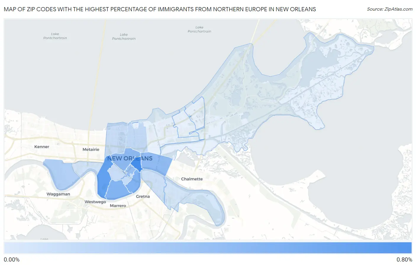 Zip Codes with the Highest Percentage of Immigrants from Northern Europe in New Orleans Map