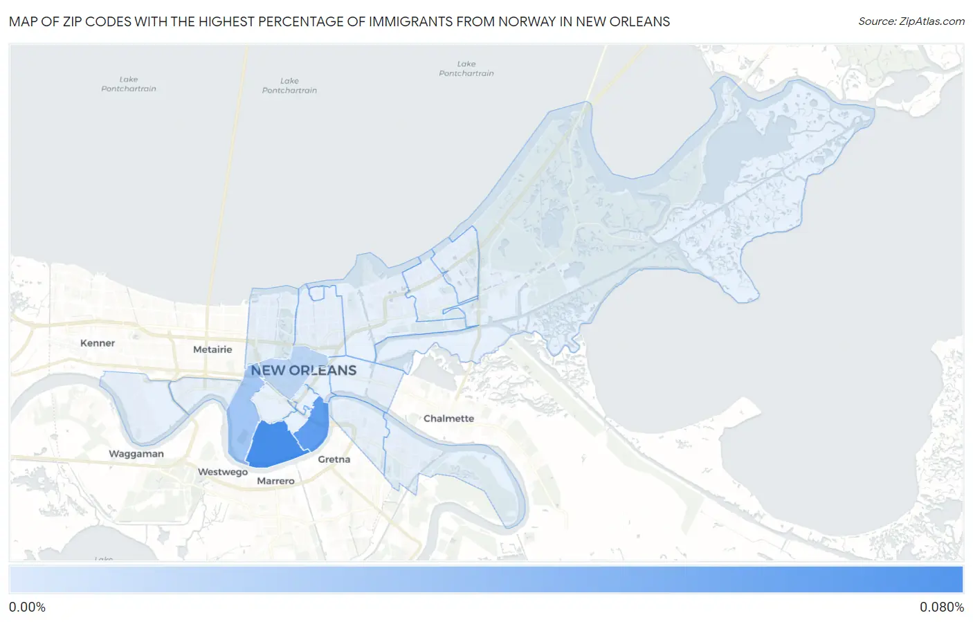 Zip Codes with the Highest Percentage of Immigrants from Norway in New Orleans Map