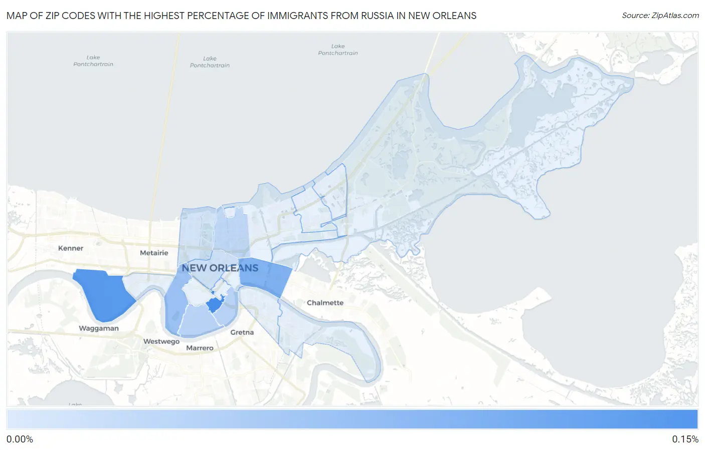 Zip Codes with the Highest Percentage of Immigrants from Russia in New Orleans Map