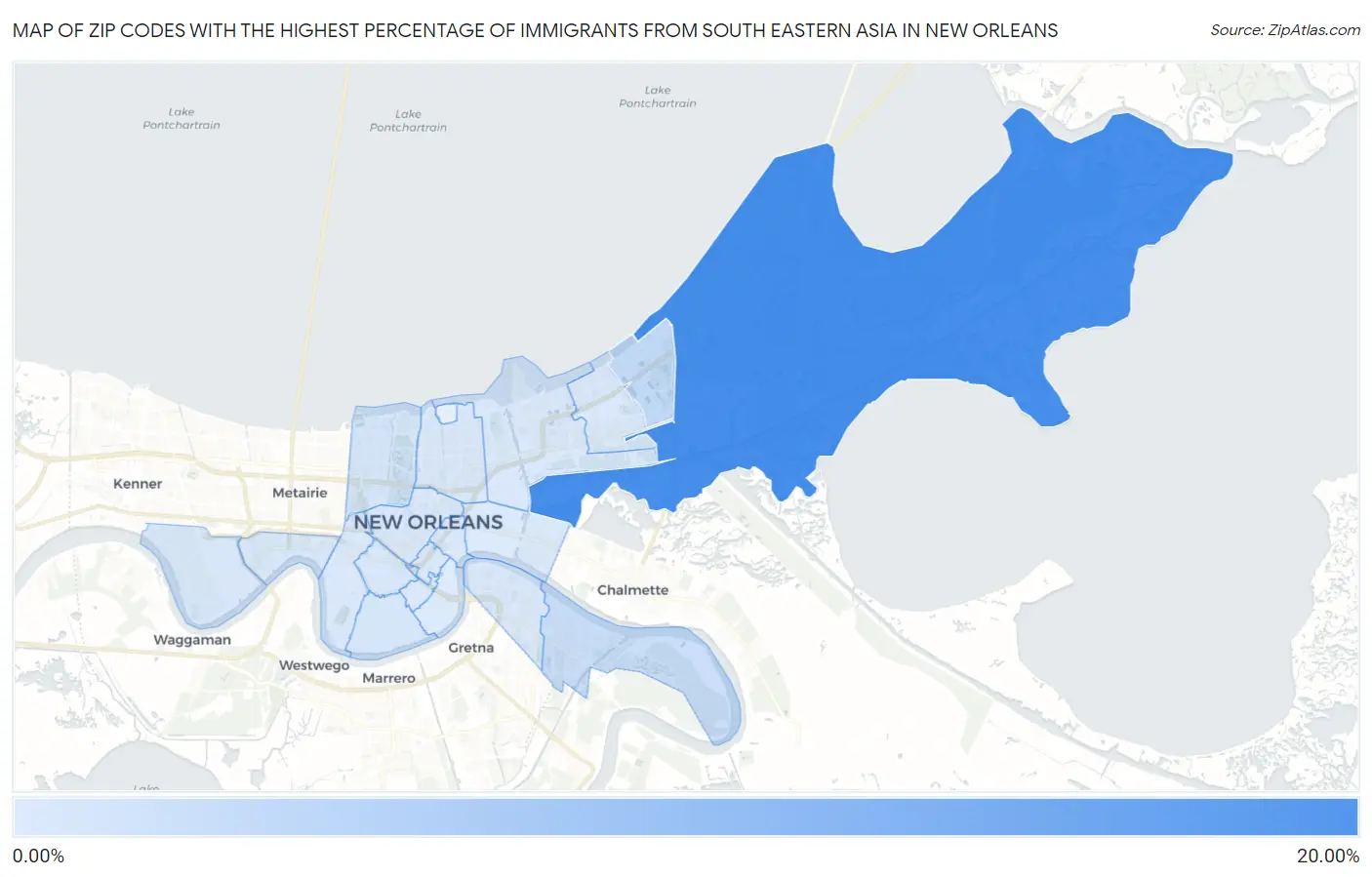 Zip Codes with the Highest Percentage of Immigrants from South Eastern Asia in New Orleans Map