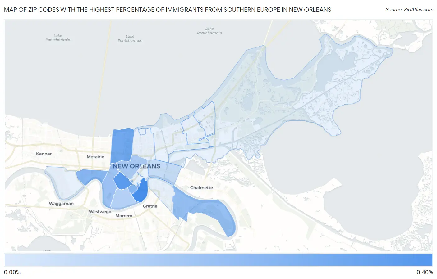 Zip Codes with the Highest Percentage of Immigrants from Southern Europe in New Orleans Map