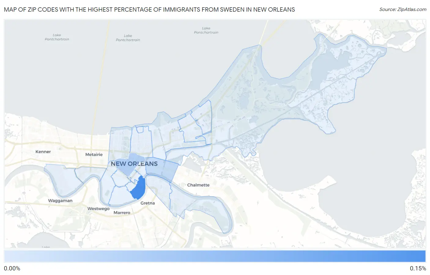 Zip Codes with the Highest Percentage of Immigrants from Sweden in New Orleans Map