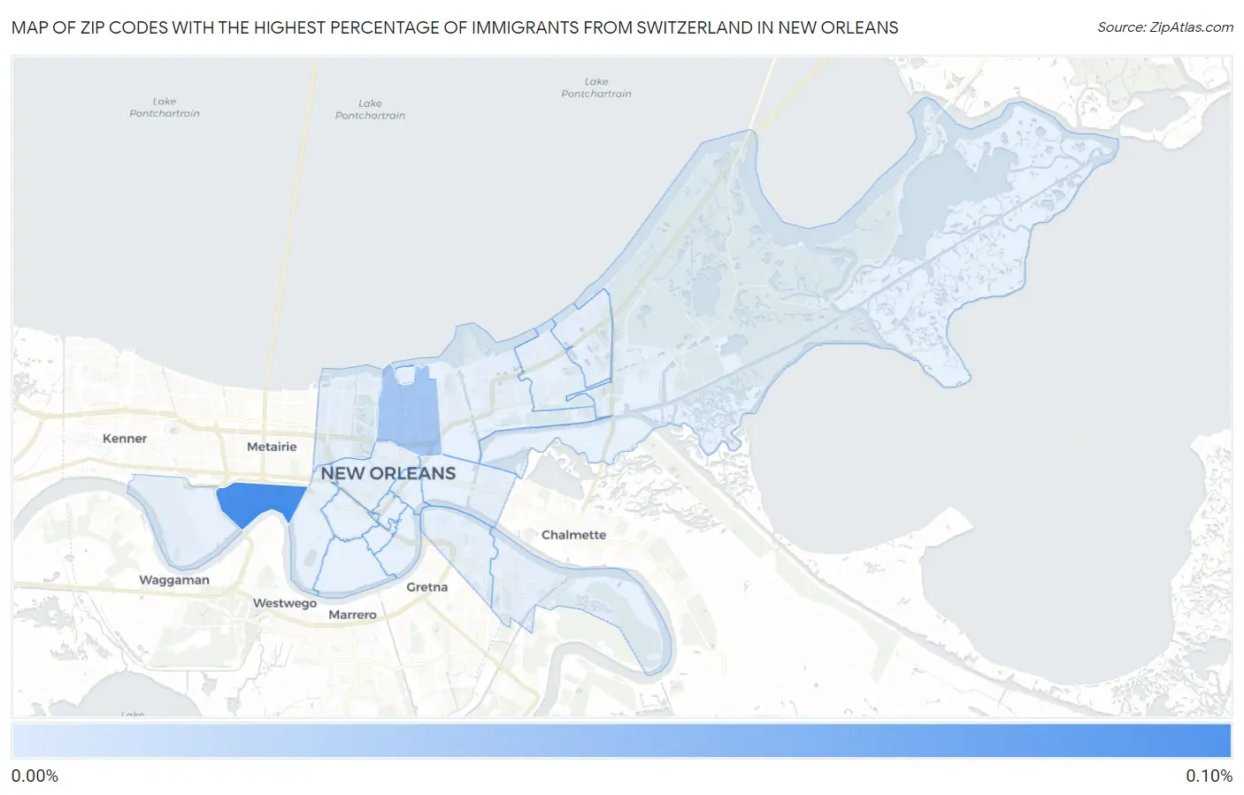 Zip Codes with the Highest Percentage of Immigrants from Switzerland in New Orleans Map