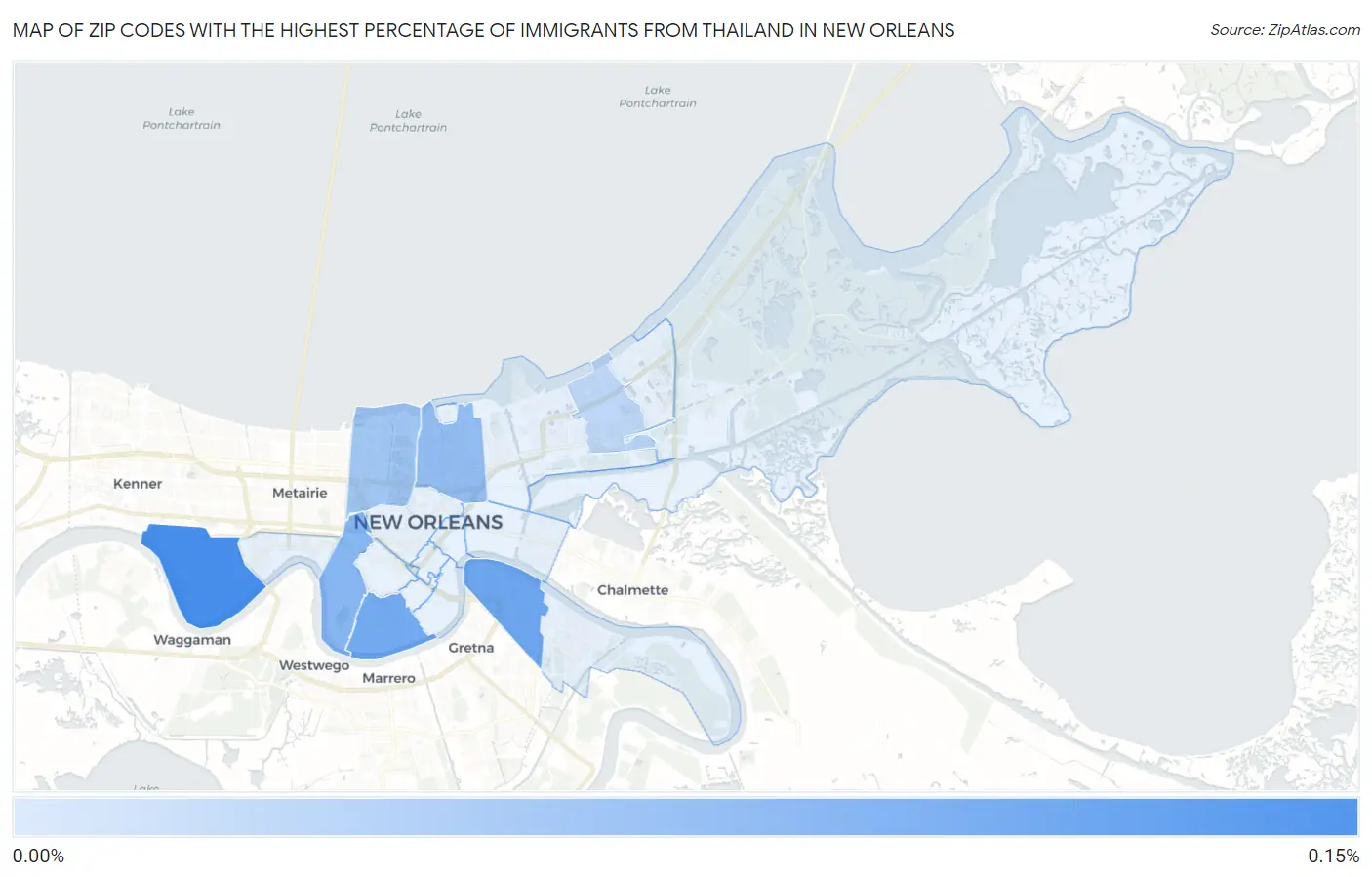 Zip Codes with the Highest Percentage of Immigrants from Thailand in New Orleans Map