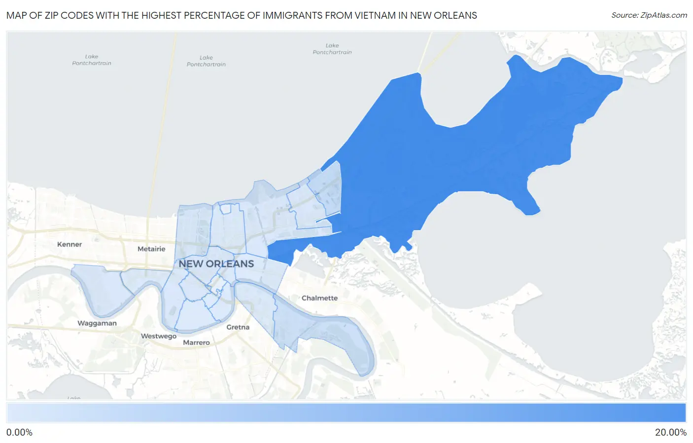Zip Codes with the Highest Percentage of Immigrants from Vietnam in New Orleans Map