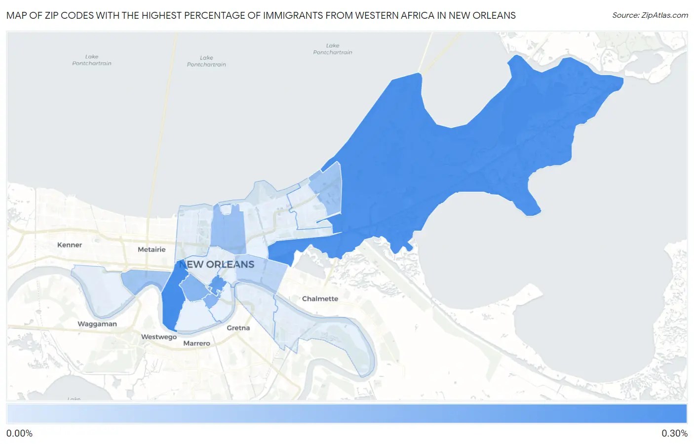 Zip Codes with the Highest Percentage of Immigrants from Western Africa in New Orleans Map