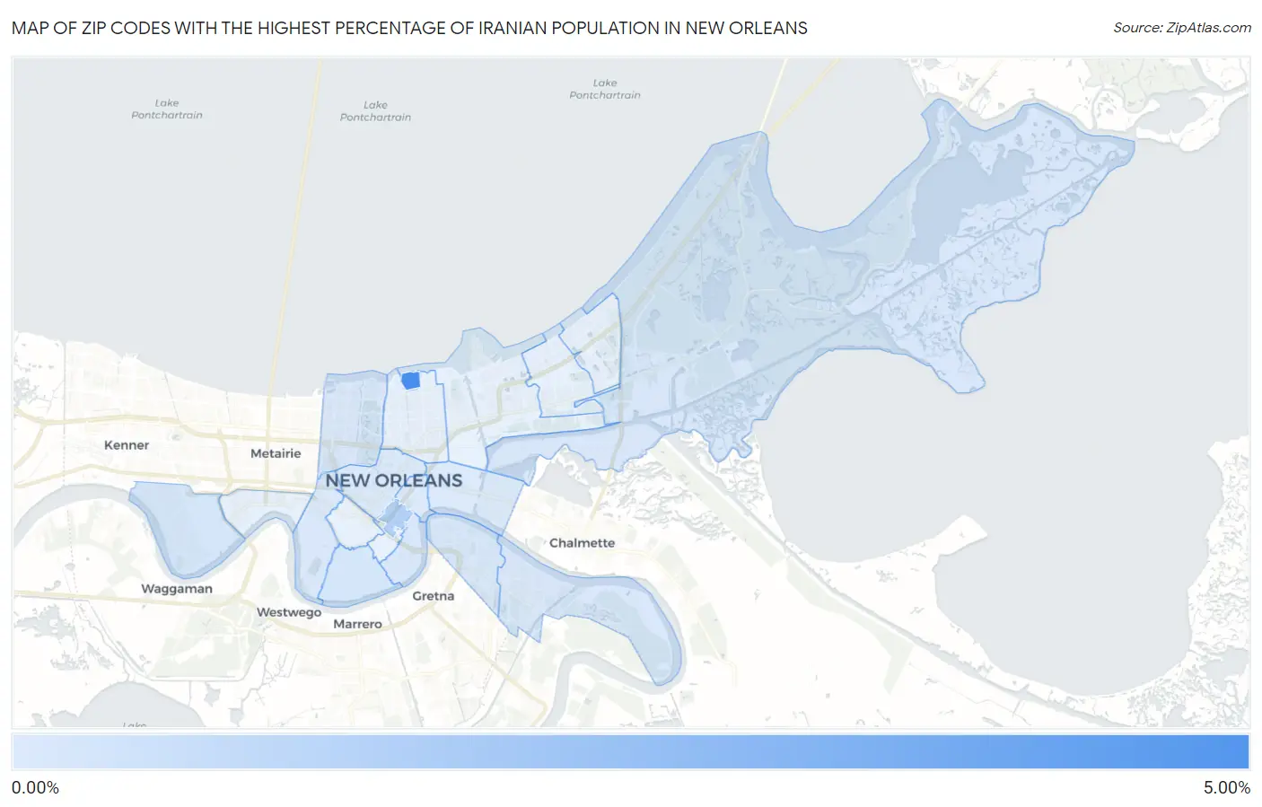 Zip Codes with the Highest Percentage of Iranian Population in New Orleans Map