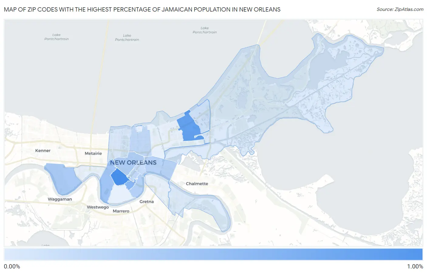 Zip Codes with the Highest Percentage of Jamaican Population in New Orleans Map