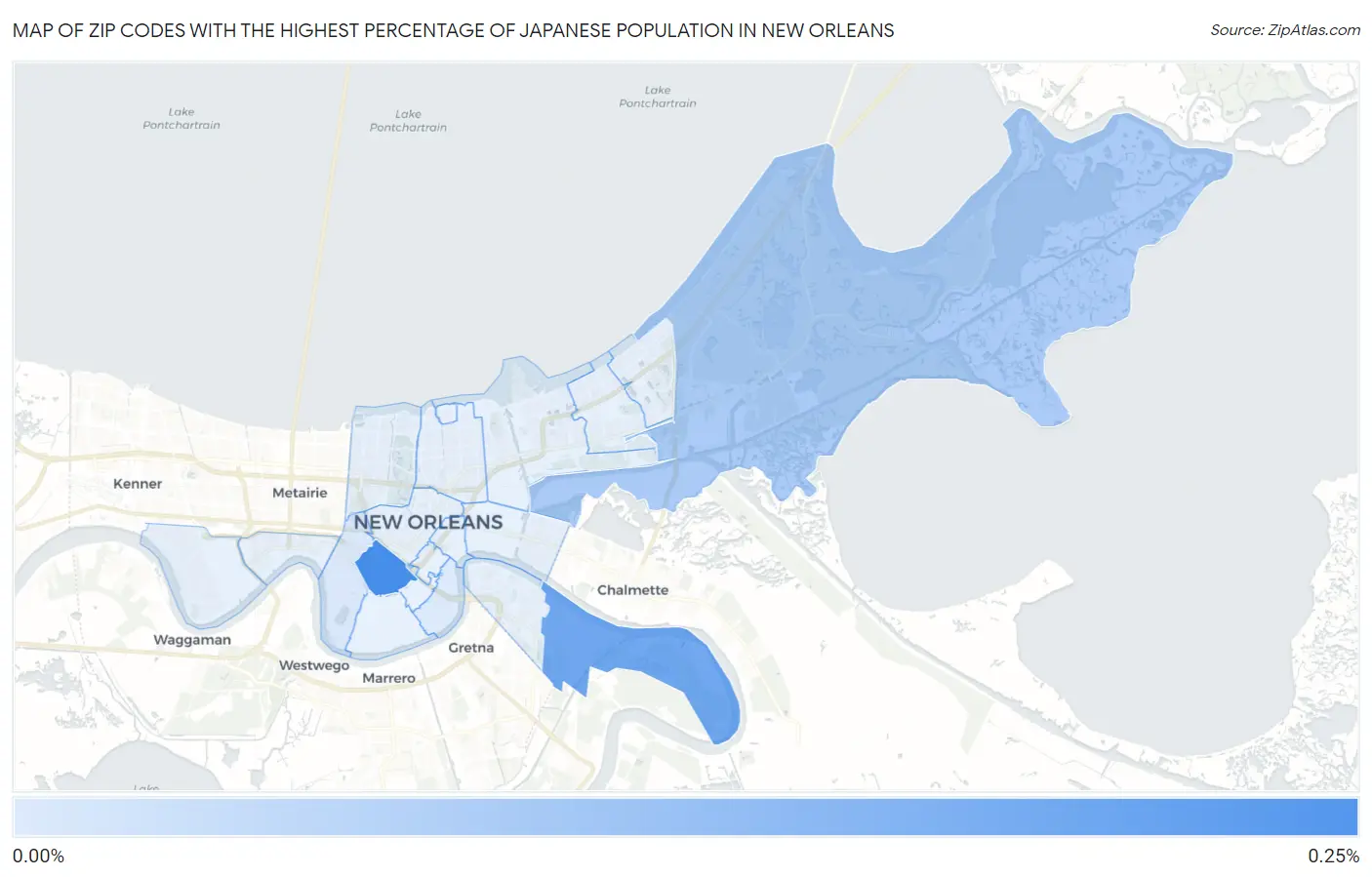 Zip Codes with the Highest Percentage of Japanese Population in New Orleans Map