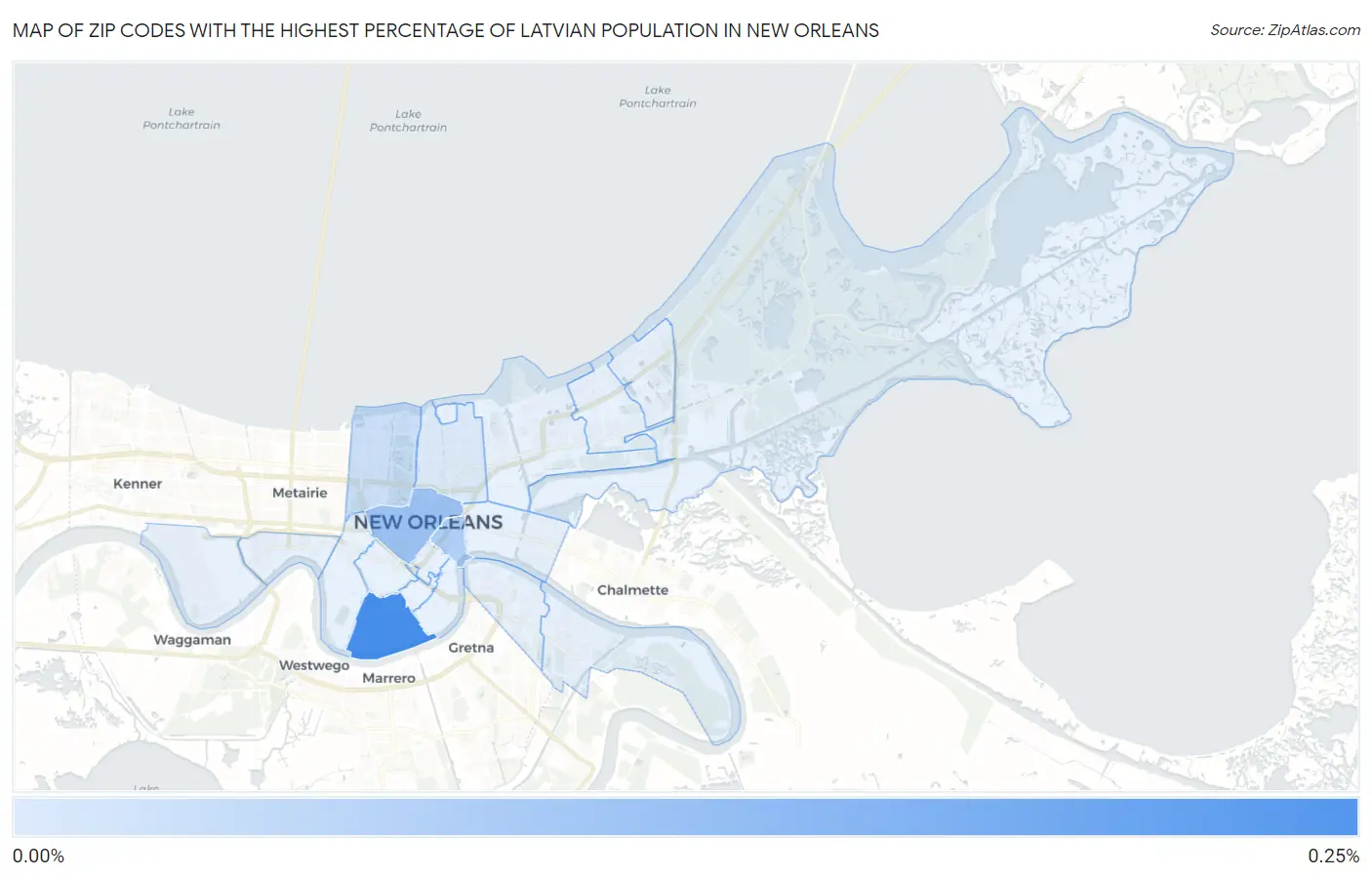 Zip Codes with the Highest Percentage of Latvian Population in New Orleans Map