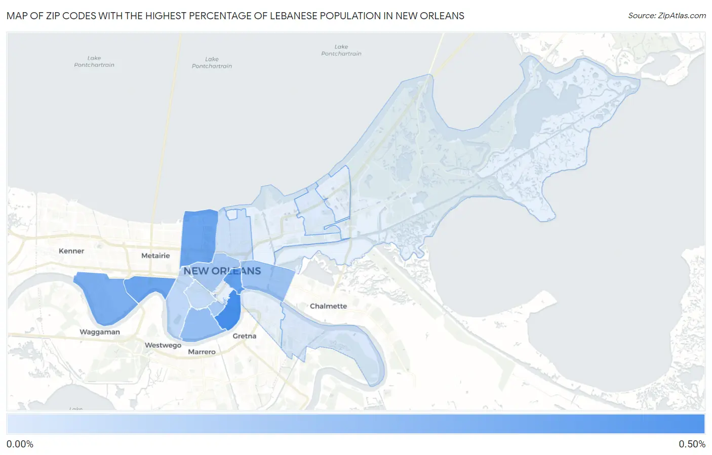 Zip Codes with the Highest Percentage of Lebanese Population in New Orleans Map