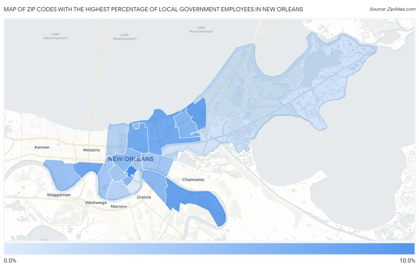 Zip Codes with the Highest Percentage of Local Government Employees in New Orleans Map