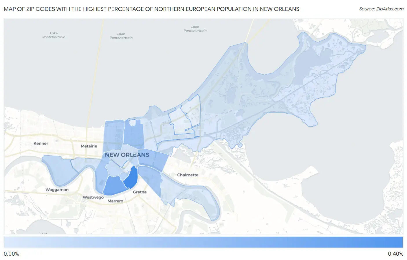 Zip Codes with the Highest Percentage of Northern European Population in New Orleans Map
