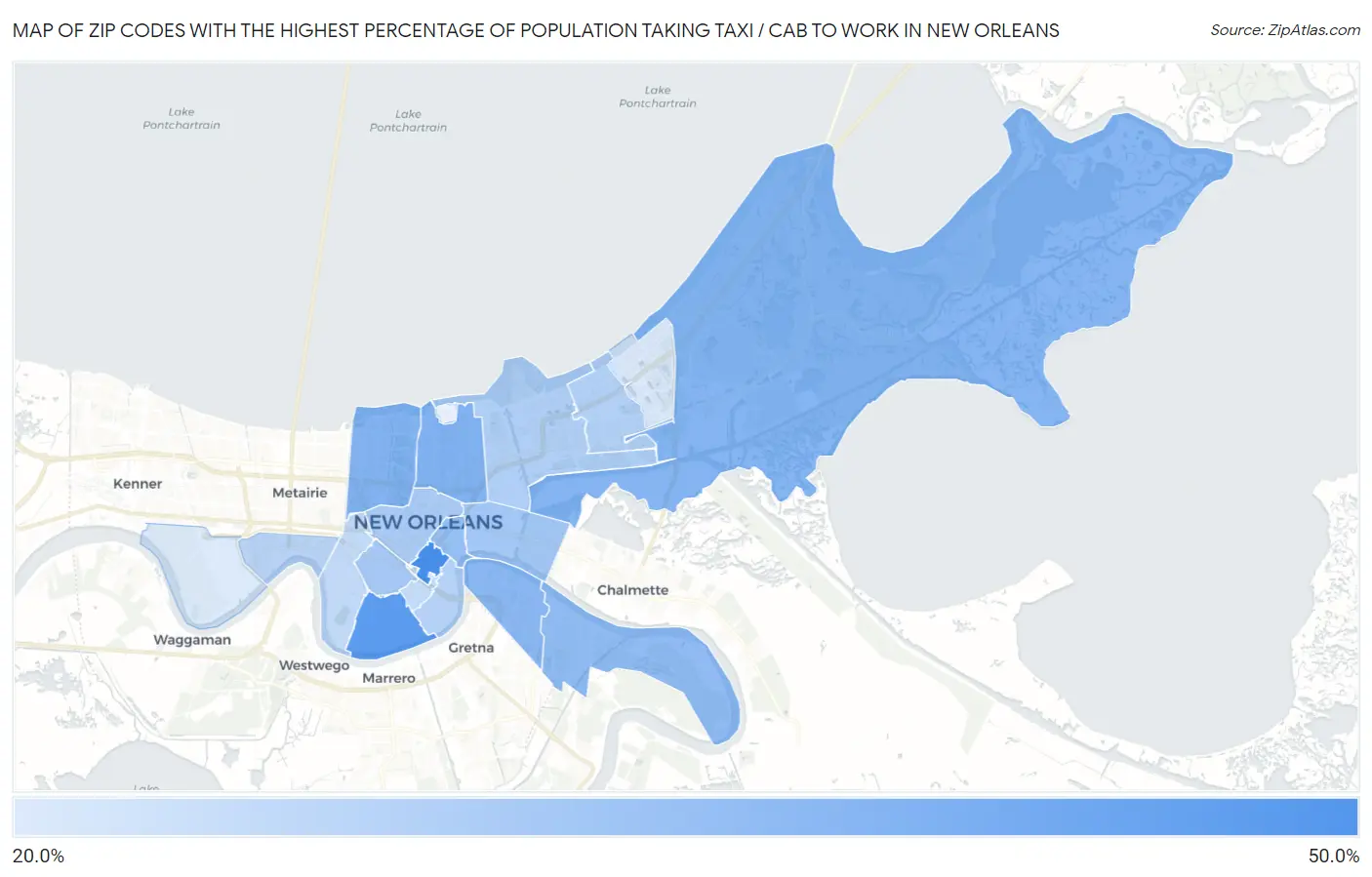 Zip Codes with the Highest Percentage of Population Taking Taxi / Cab to Work in New Orleans Map