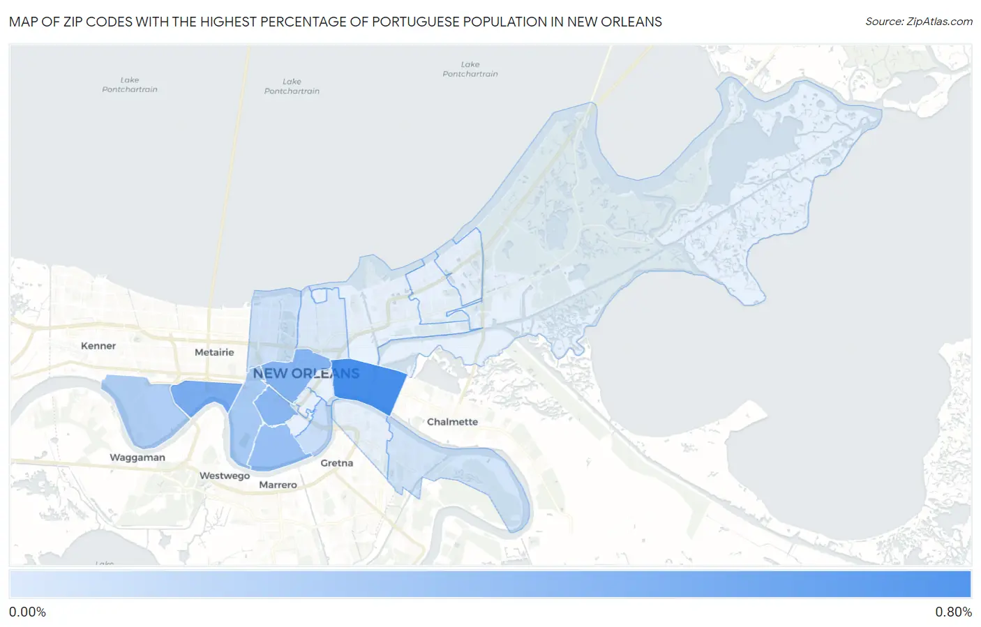Zip Codes with the Highest Percentage of Portuguese Population in New Orleans Map