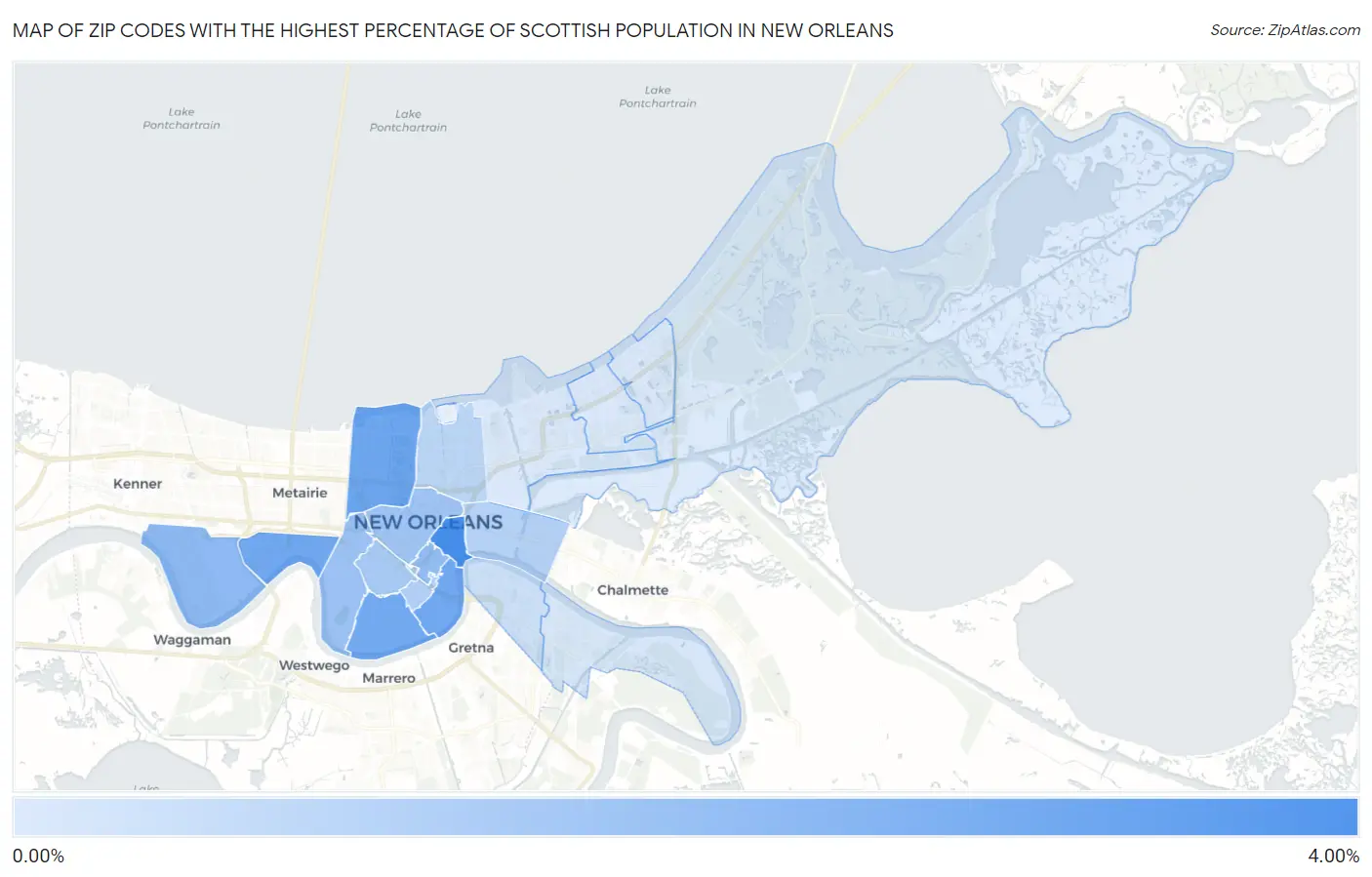 Zip Codes with the Highest Percentage of Scottish Population in New Orleans Map