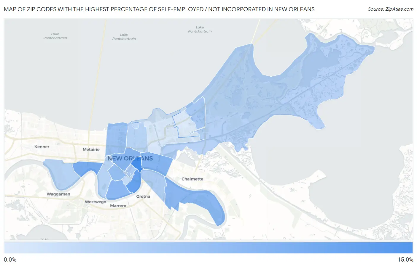 Zip Codes with the Highest Percentage of Self-Employed / Not Incorporated in New Orleans Map