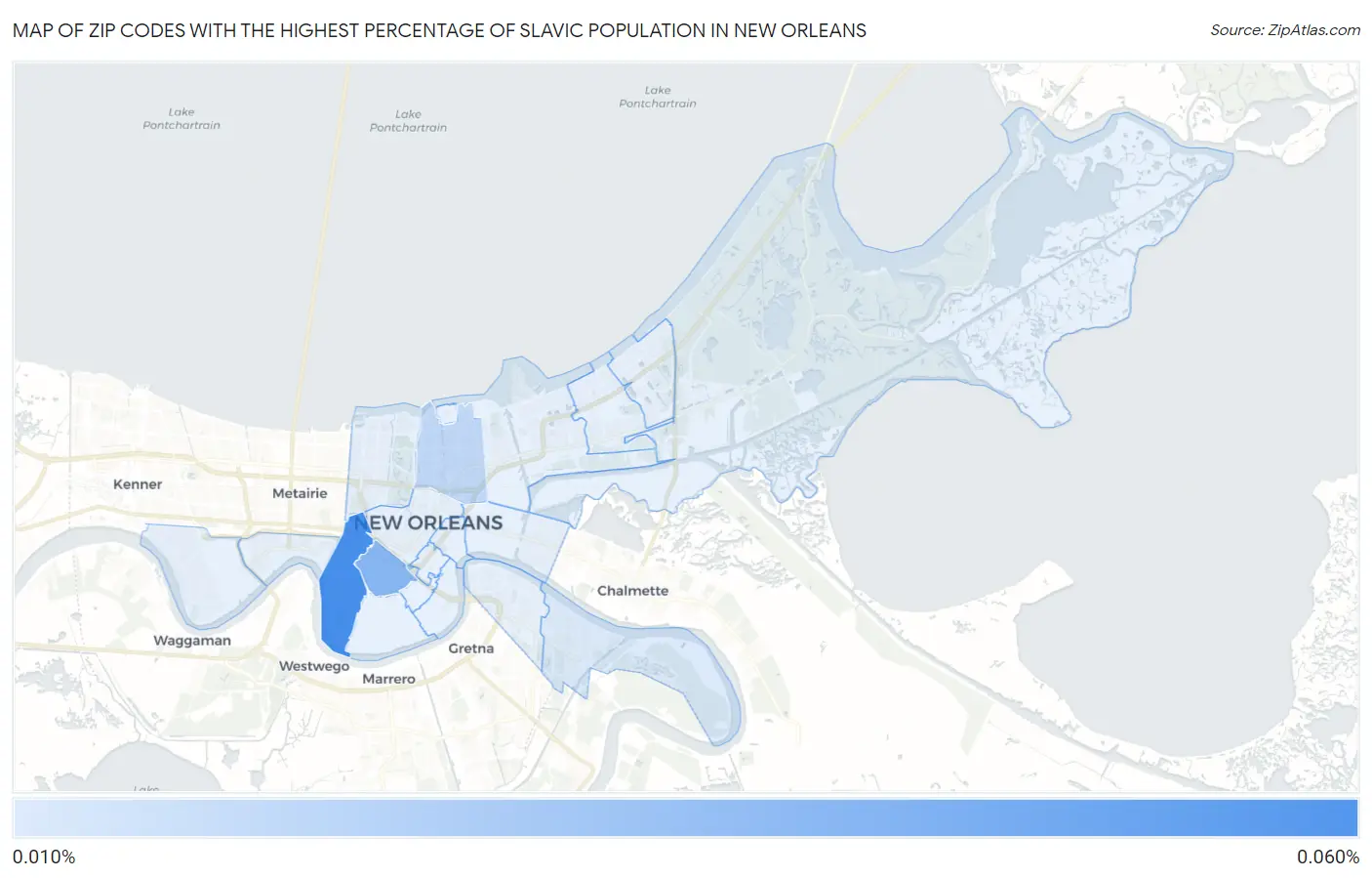 Zip Codes with the Highest Percentage of Slavic Population in New Orleans Map