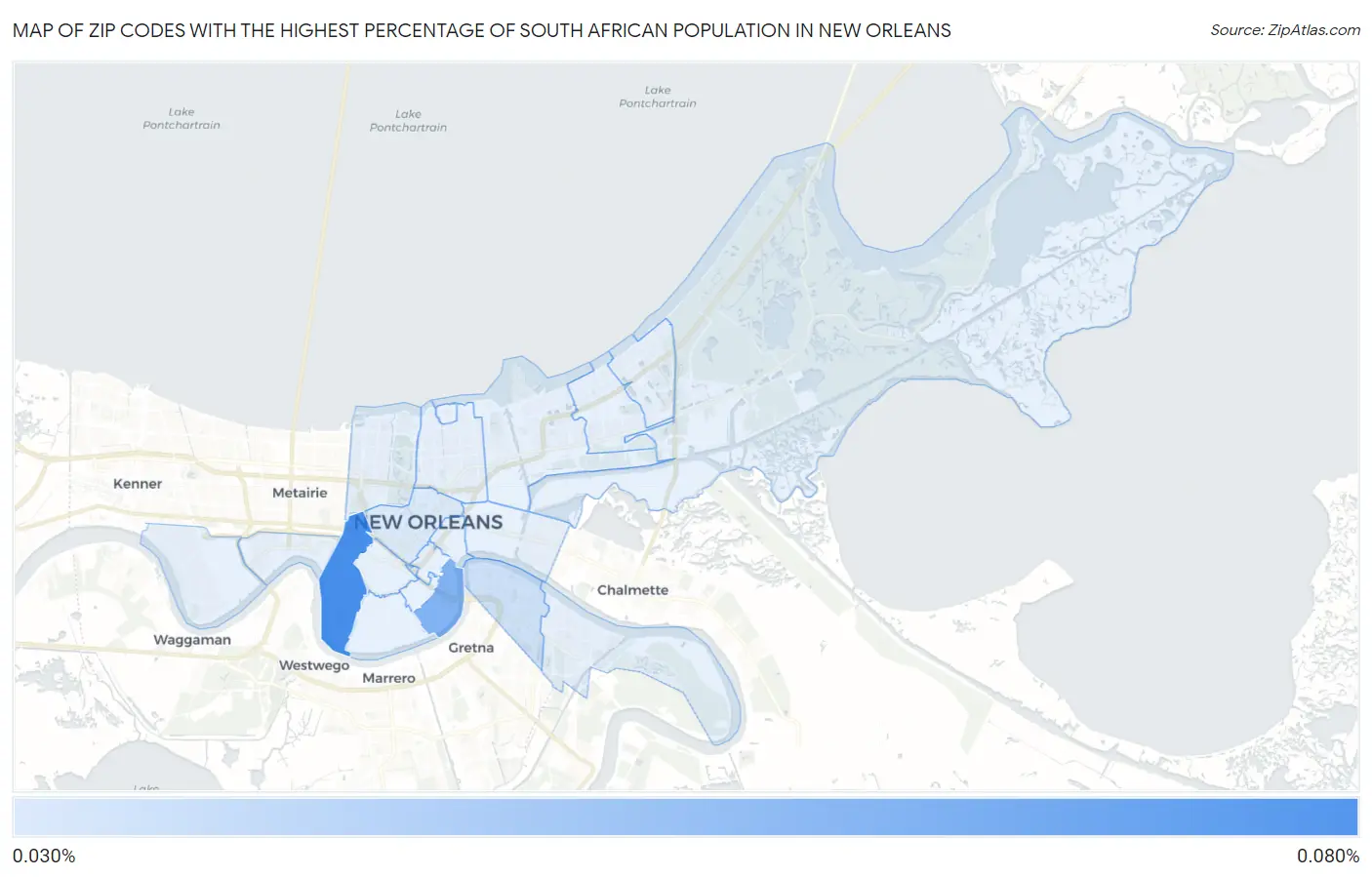Zip Codes with the Highest Percentage of South African Population in New Orleans Map