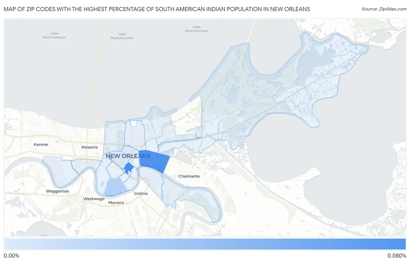 Zip Codes with the Highest Percentage of South American Indian Population in New Orleans Map