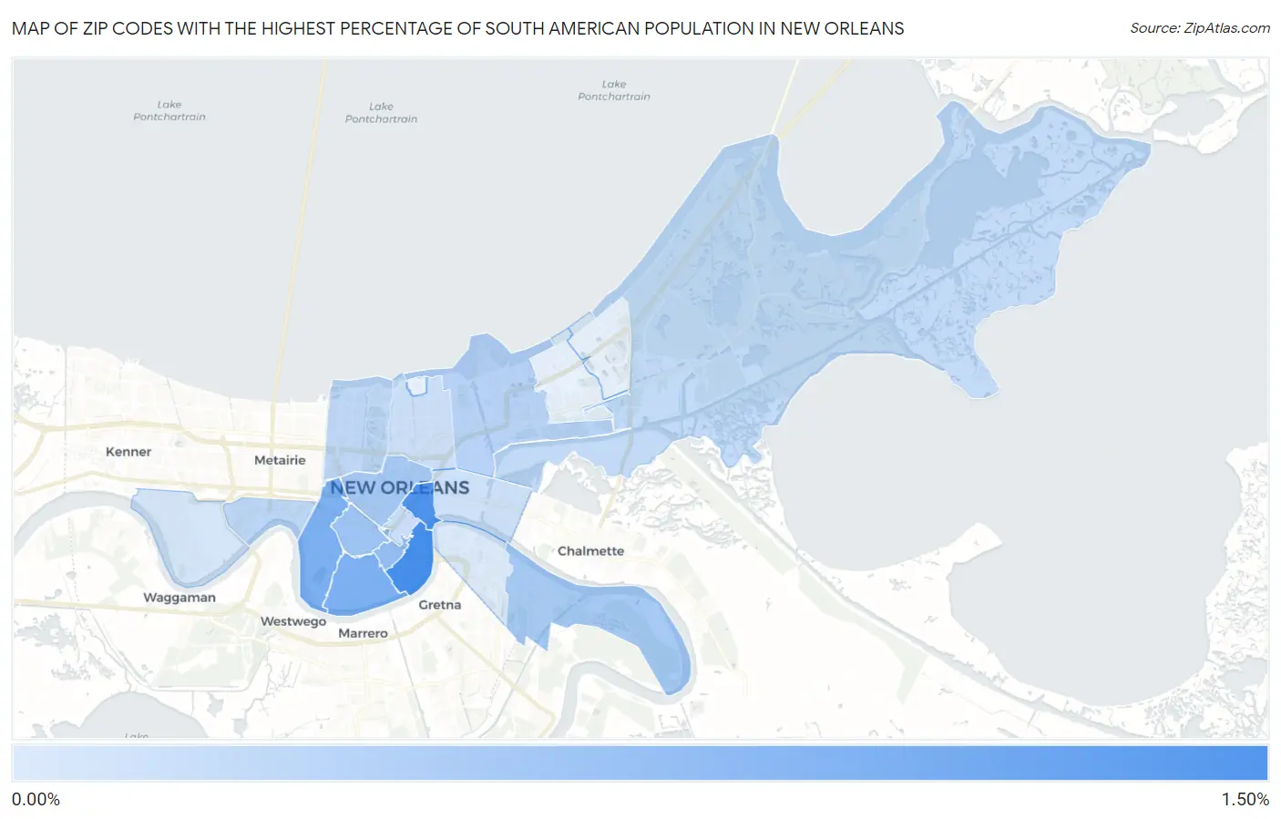 Zip Codes with the Highest Percentage of South American Population in New Orleans Map