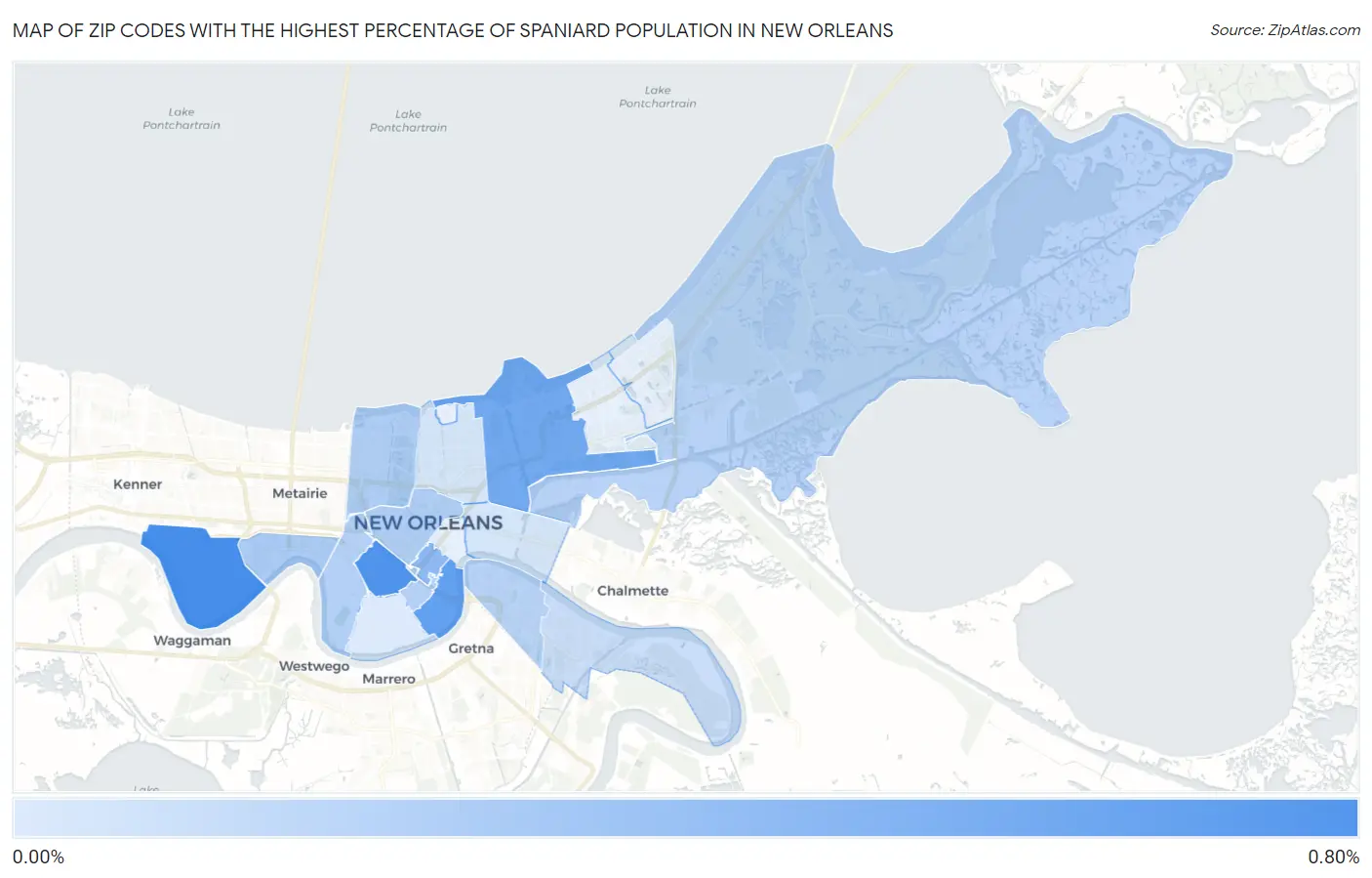 Zip Codes with the Highest Percentage of Spaniard Population in New Orleans Map