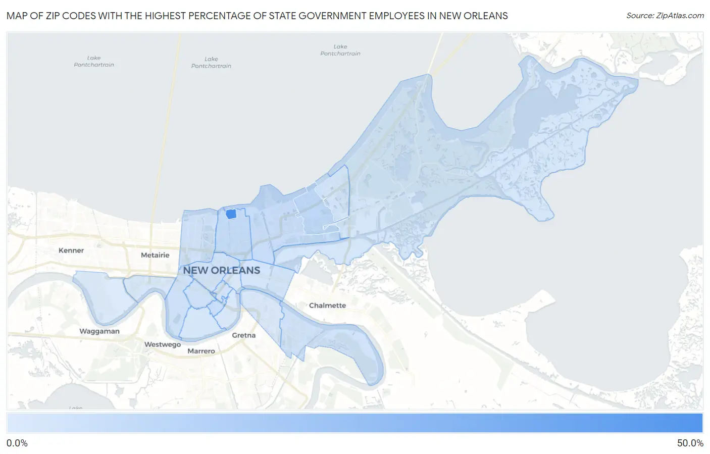 Zip Codes with the Highest Percentage of State Government Employees in New Orleans Map