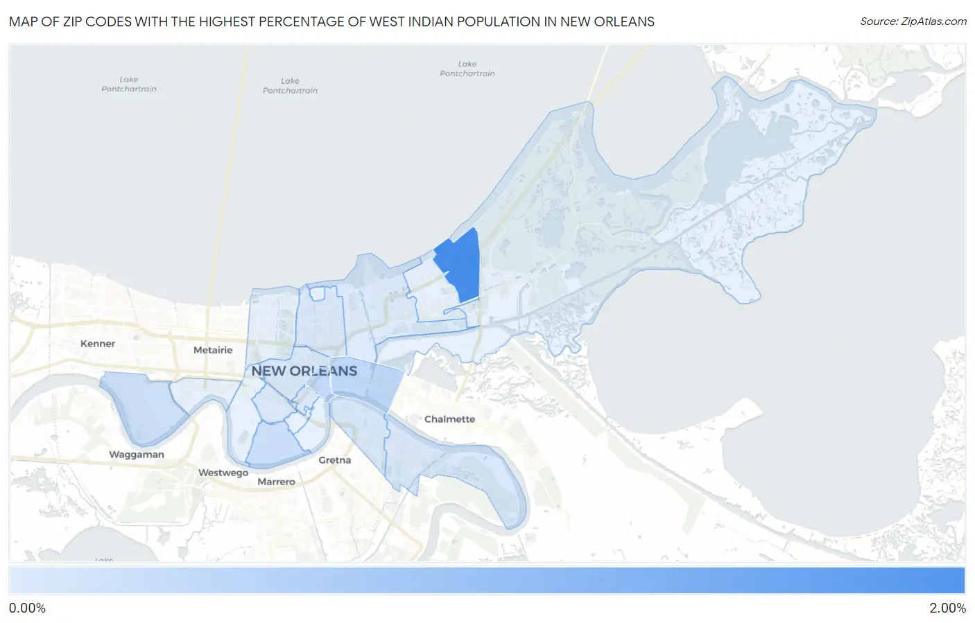Zip Codes with the Highest Percentage of West Indian Population in New Orleans Map