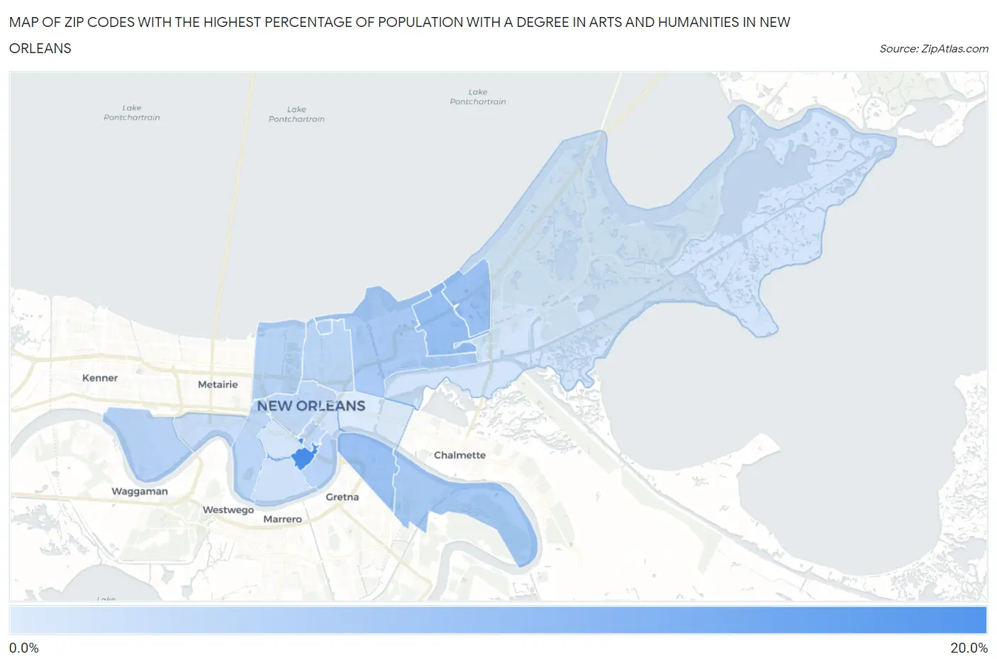 Zip Codes with the Highest Percentage of Population with a Degree in Arts and Humanities in New Orleans Map