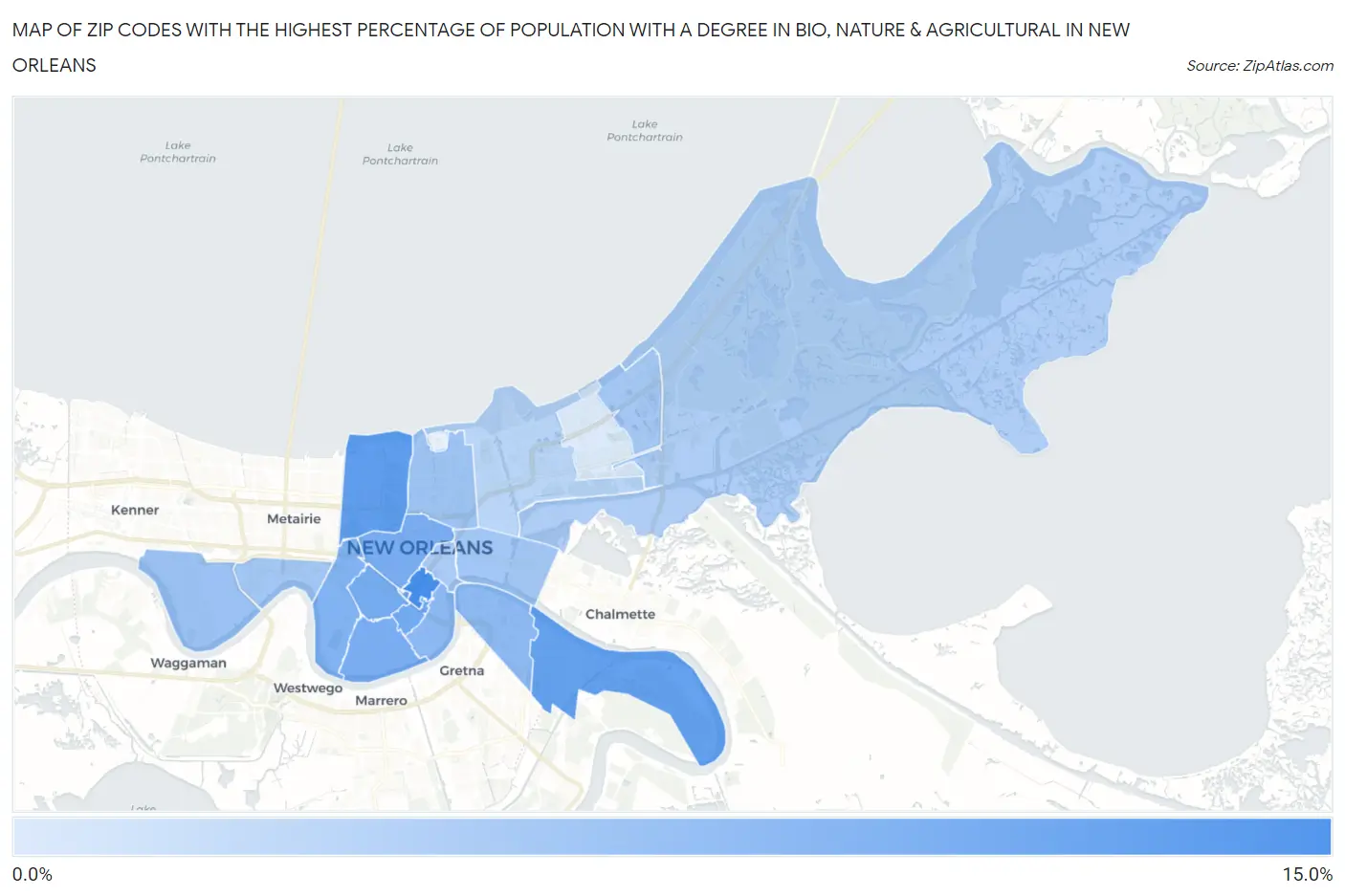 Zip Codes with the Highest Percentage of Population with a Degree in Bio, Nature & Agricultural in New Orleans Map