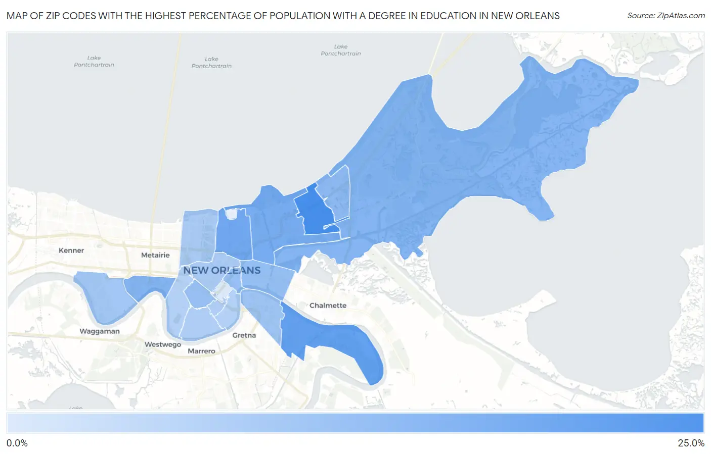 Zip Codes with the Highest Percentage of Population with a Degree in Education in New Orleans Map