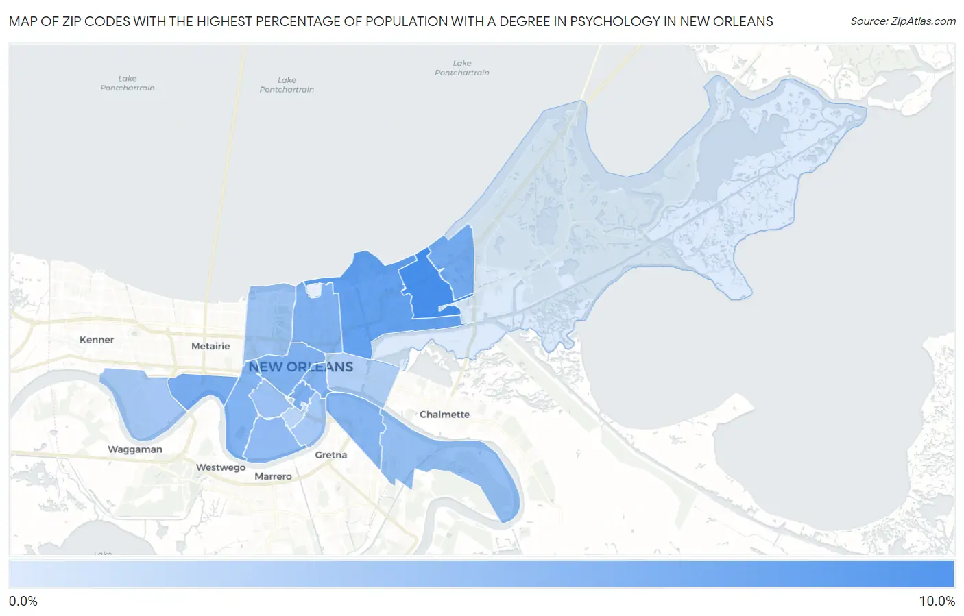 Zip Codes with the Highest Percentage of Population with a Degree in Psychology in New Orleans Map