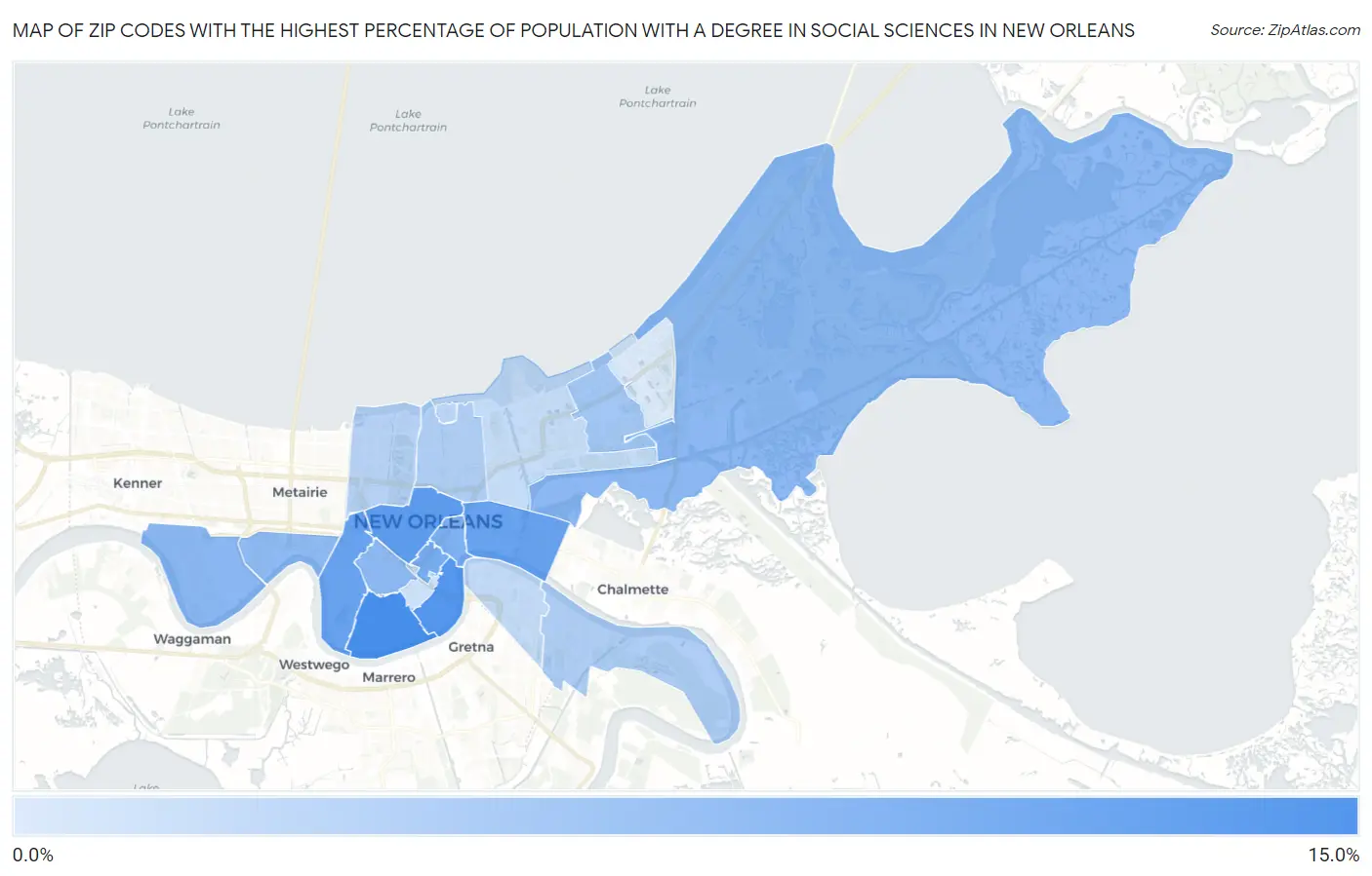Zip Codes with the Highest Percentage of Population with a Degree in Social Sciences in New Orleans Map