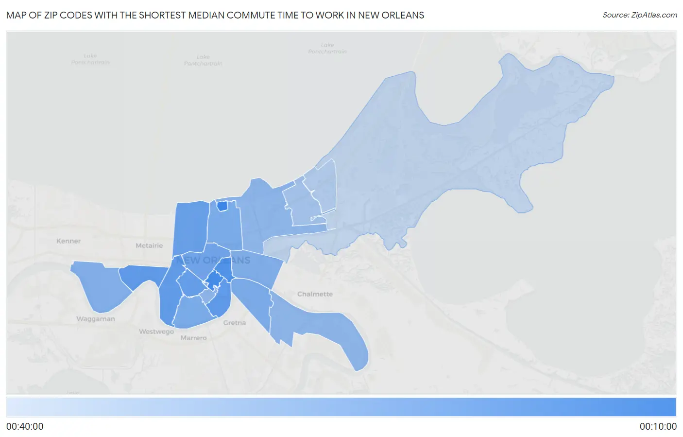 Zip Codes with the Shortest Median Commute Time to Work in New Orleans Map