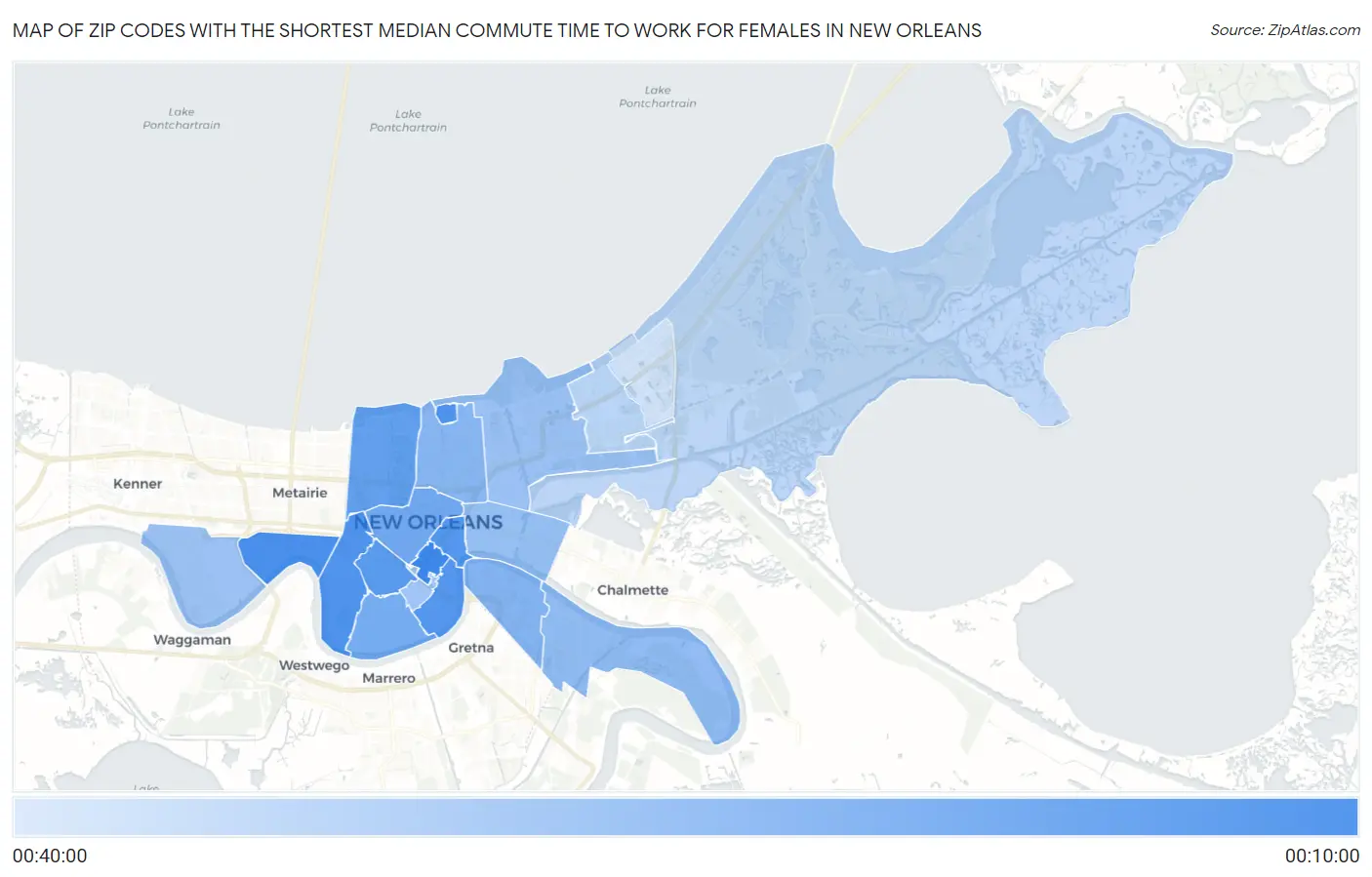 Zip Codes with the Shortest Median Commute Time to Work for Females in New Orleans Map