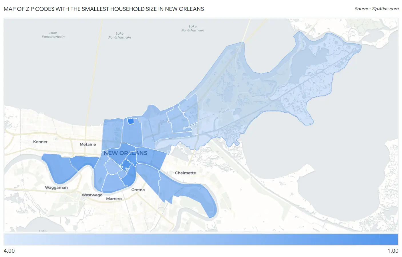 Zip Codes with the Smallest Household Size in New Orleans Map