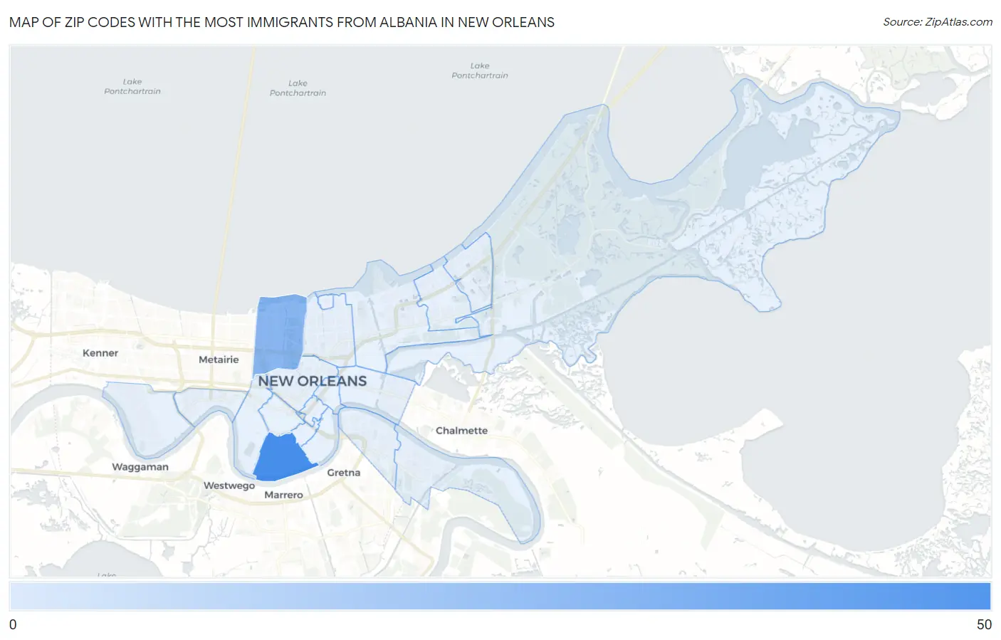 Zip Codes with the Most Immigrants from Albania in New Orleans Map