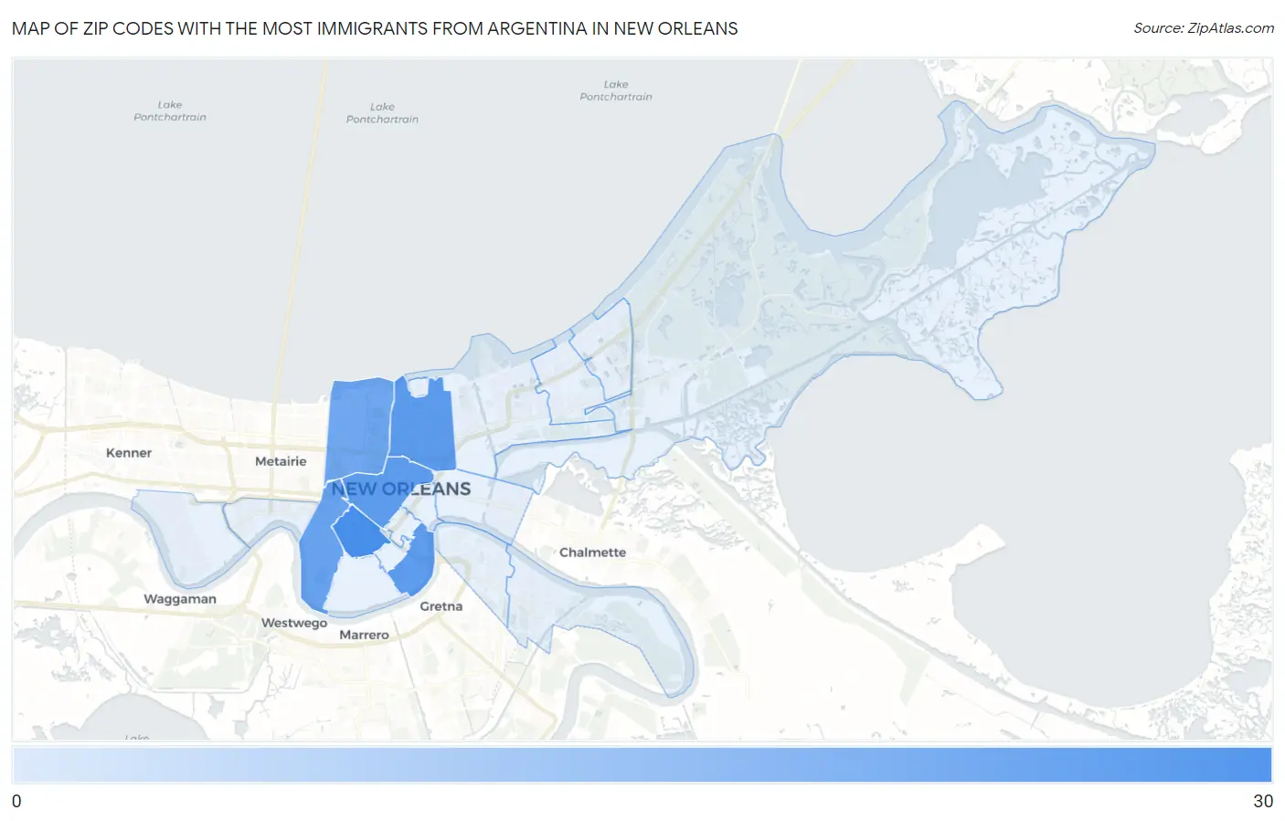 Zip Codes with the Most Immigrants from Argentina in New Orleans Map